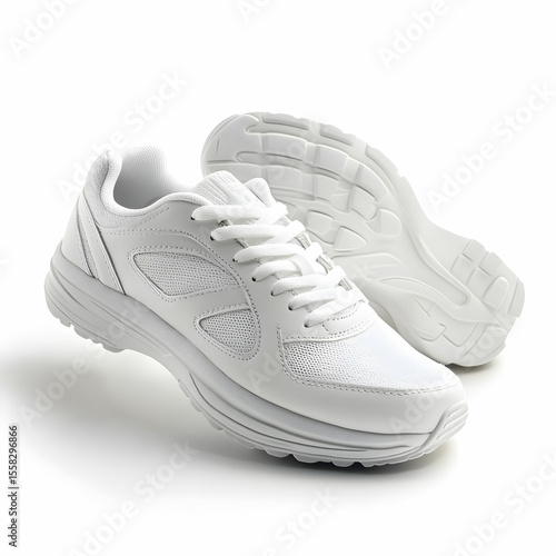 A pair of white sporting shoes, designed for athletes' running and training, isolated on a clean white background