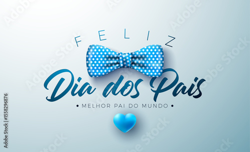 Happy Father's Day Greeting Card Design with Blue Heart and Bow Tie on Light Blue Background. Feliz Dia dos Pais Portuguese Language Vector Illustration for the Loved and Best Dad. Template for Banner