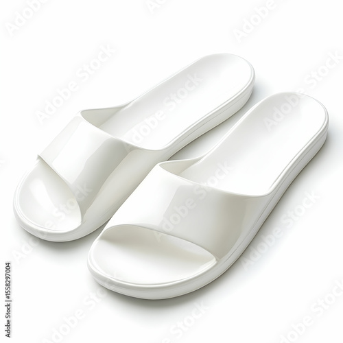 A pair of white slippers with a simple design, isolated on a clean white background