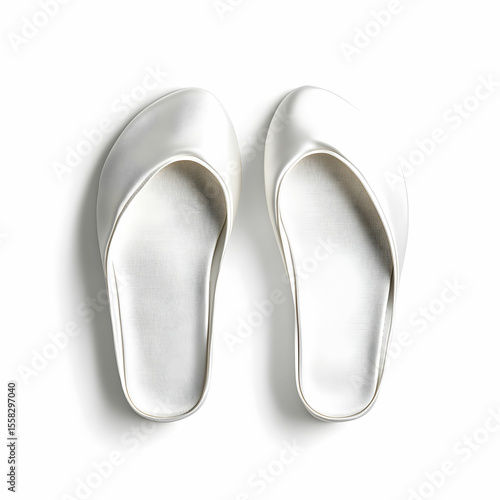 A pair of white slippers with a simple design, isolated on a clean white background