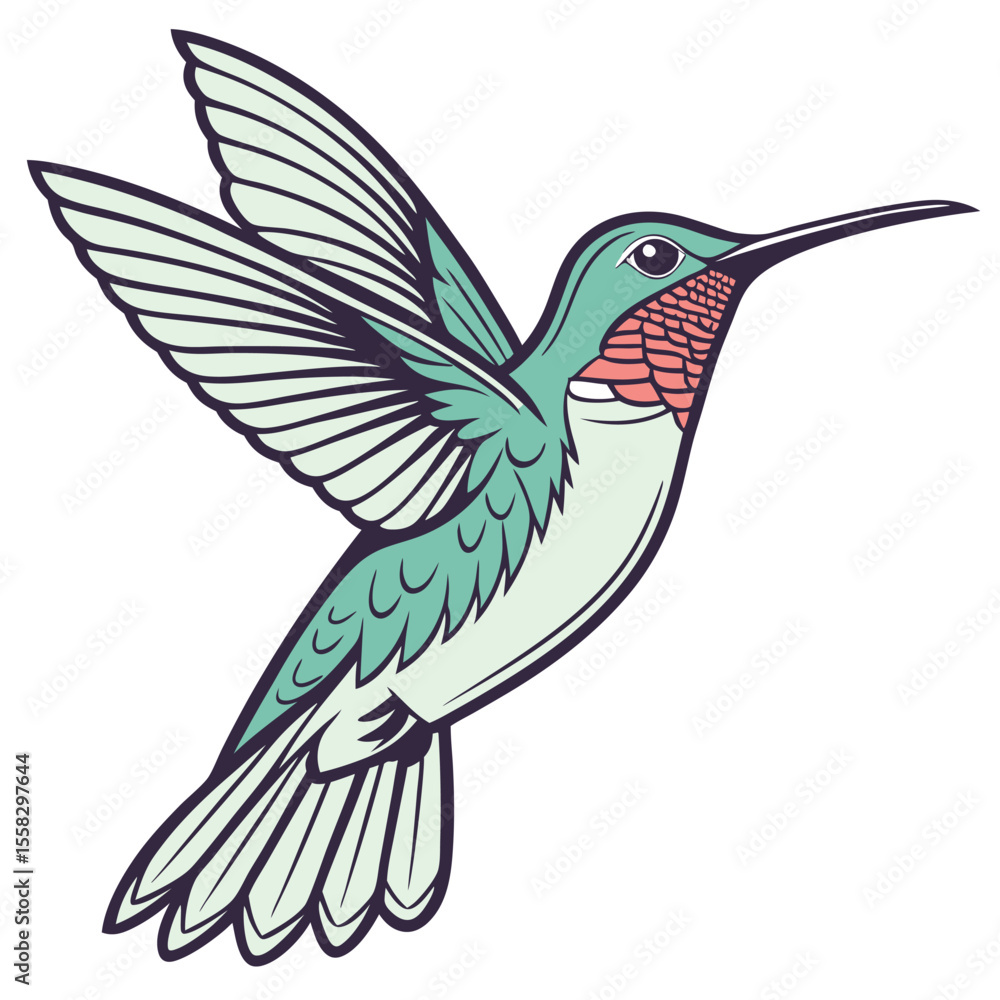 Fototapeta premium Hummingbird in flight amidst tropical flowers, a vibrant vector illustration capturing the essence of this tiny, winged marvel