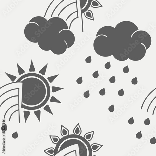 Minimalist weather icons vector pattern, sun, clouds, rain in monochrome on soft gray