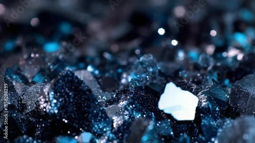 A close-up view of shimmering blue and black crystalline minerals with sharp edges and reflective surfaces.