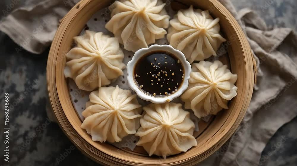 Top view of steaming dumplings in bamboo basket with soy sauce dip Top view of steaming dumplings in bamboo basket with soy sauce dip