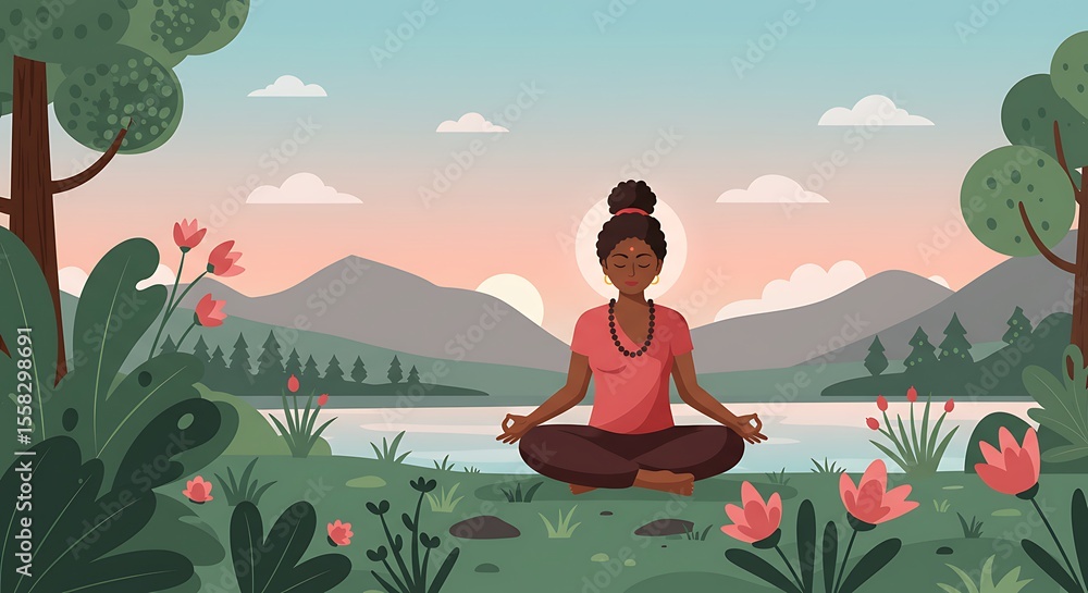 custom made wallpaper toronto digitalA peaceful illustration of a woman meditating in the lotus position amidst a lush natural landscape with a tranquil lake and mountains at sunset.