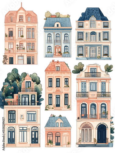 Set of Hand Drawn European Style Houses in Pastel Colors 