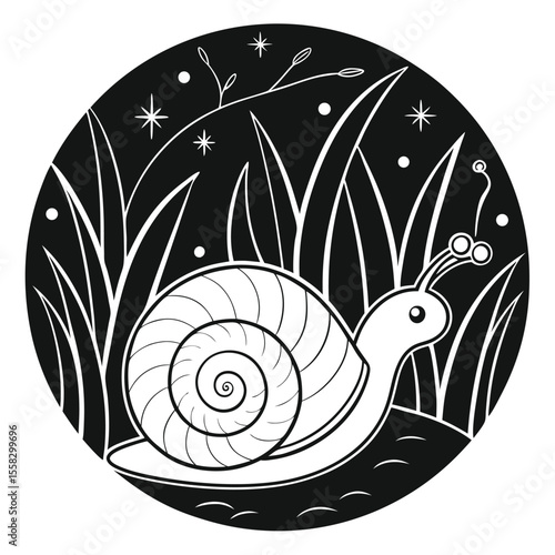 Snail with spiral shell crawls amidst grass and starlights against black background