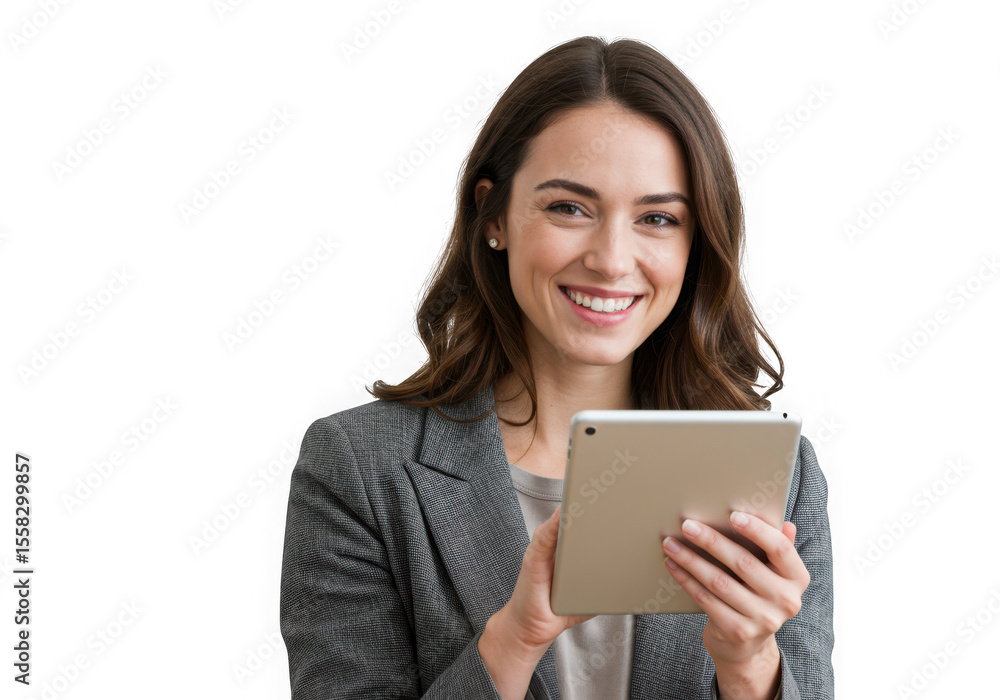 Smiling woman holding electronic device on transparent background Smiling woman holding electronic device on transparent background