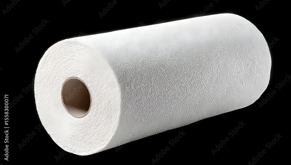 Fototapeta premium A clean, white roll of paper towel against a black background, symbolizing freshness and practicality in everyday life.