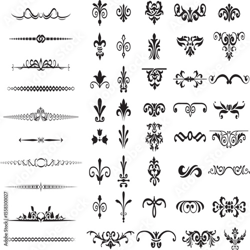 Calligraphic decorative design set with vintage frames borders ornaments and floral elements