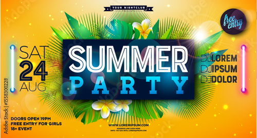 Summer Party Banner Design Template with Glowing Neon Light on Fluorescent Tropic Leaves Background. Vector Summer Celebration Holiday Illustration for Banner, Flyer, Invitation or Celebration Poster.
