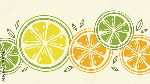 Three citrus slices, lemon, orange and lime, with green leaves, on a cream background