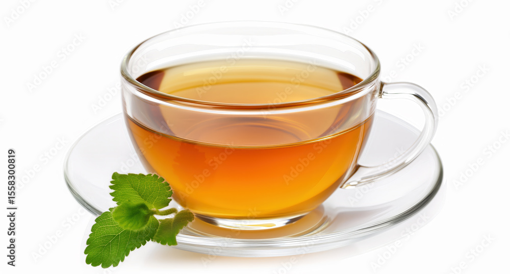 Clear glass cup of herbal tea with mint leaf on saucer, isolated on white background Clear glass cup of herbal tea with mint leaf on saucer, isolated on white background