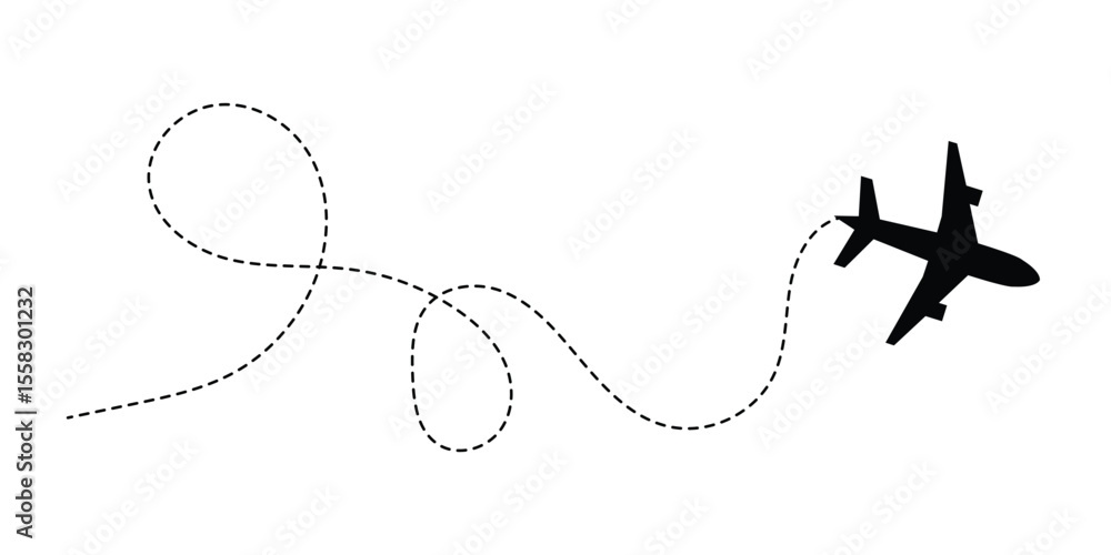 Airplane line path vector icon of air plane flight route with start point and dash dotted line trace. Love travel route. Airplane routes. Travel vector icon in eps 10. Airplane line path vector icon of air plane flight route with start point and dash dotted line trace. Love travel route. Airplane routes. Travel vector icon in eps 10.