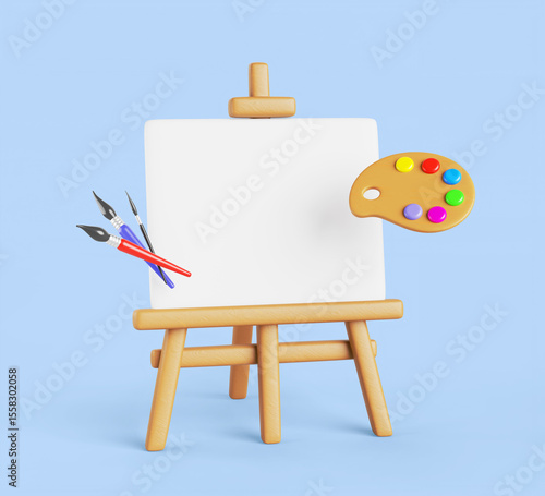 Fototapeta Naklejka Na Ścianę i Meble -  3d wood easel with blank white canvas, paint palette, brush for artist. Painter board on tripod stand with watercolors, paintbrush in art school or painting studio Cartoon render icon. 3D illustration