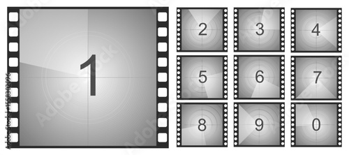 Countdown movie frame, film intro animation retro video screen. Start Timer set, film strip border, Vintage counter.