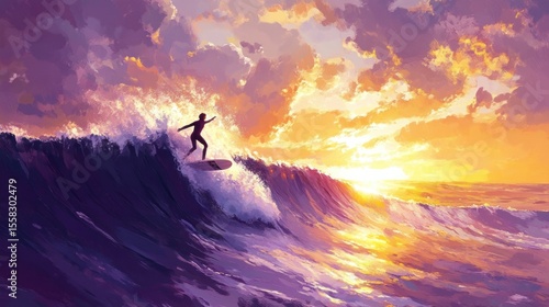 A surfer rides a magnificent wave during a vibrant sunset.  Vast ocean, dramatic clouds, warm golden light