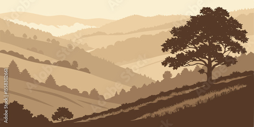 A sepia landscape with rolling hills and valleys, a tree on the right side, and a clear sky above