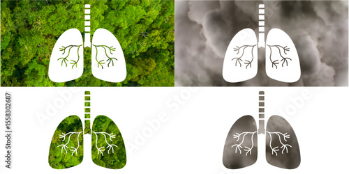 Green lung and pollution lung vector symbolizing clean air, forest conservation, and health impact of pollution. Ideal for environment, health awareness, air quality, and ecology presentation.