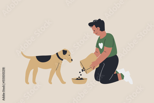 Illustration of Man Feeding Dog Pet Food