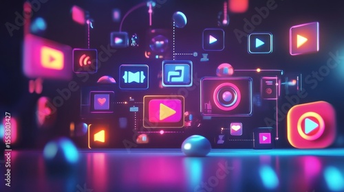 Abstract digital media icons float in a vibrant network, glowing with neon colors.  A reflective surface is below