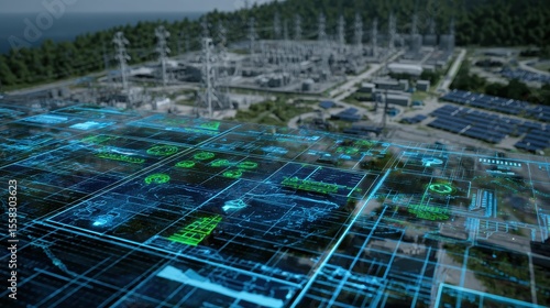 The digital computer display showed a grid of blue digital lines and green icons on it. In the background was an electric power station surrounded by solar panels