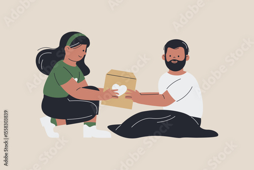 Man Giving Food Box to Homeless Person Illustration