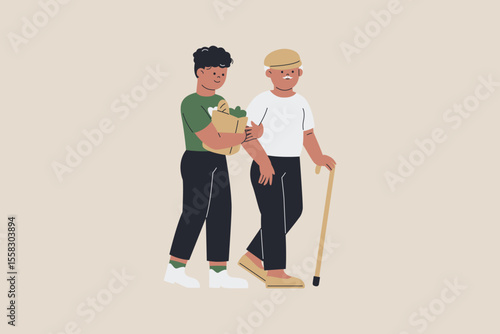 Man Volunteer Helps Disabled Elderly Man Illustration