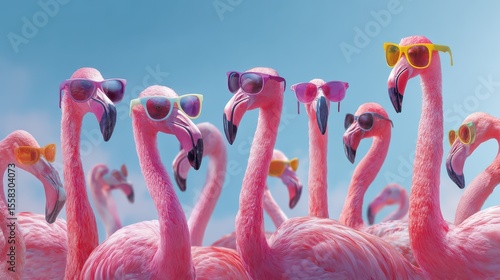 Happy Birthday, summer party, travel carnival festive celebration, funny animals card banner panorama - Group collection set of. colorful flamingos with sunglasses, isolated on blue background