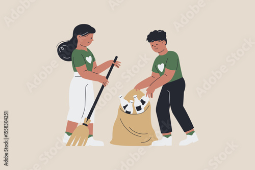 Illustration of Volunteers Picking Up Trash