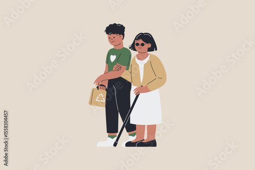 Illustration of Volunteer Help Blind Person Woman Walking