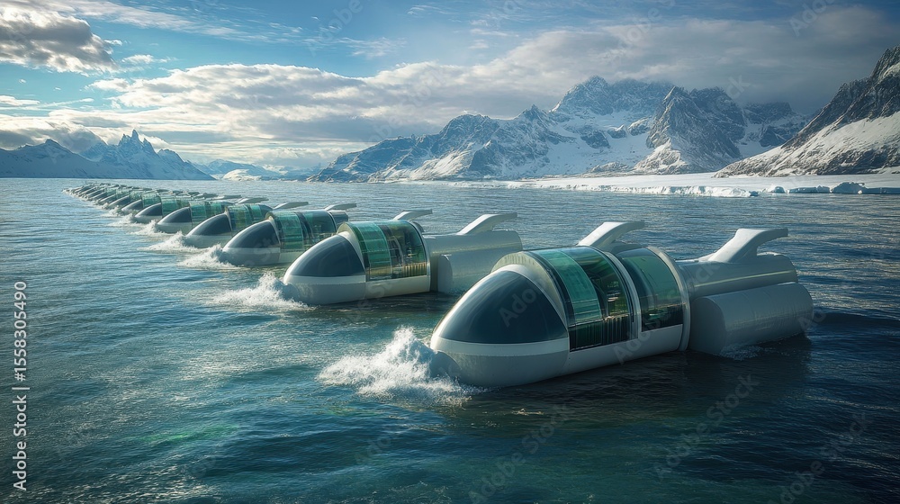 Fototapeta premium Future pods float on ocean before snowy mountains and cloudy sky. Perfect for illustrating futuristic technology or climate change themes.