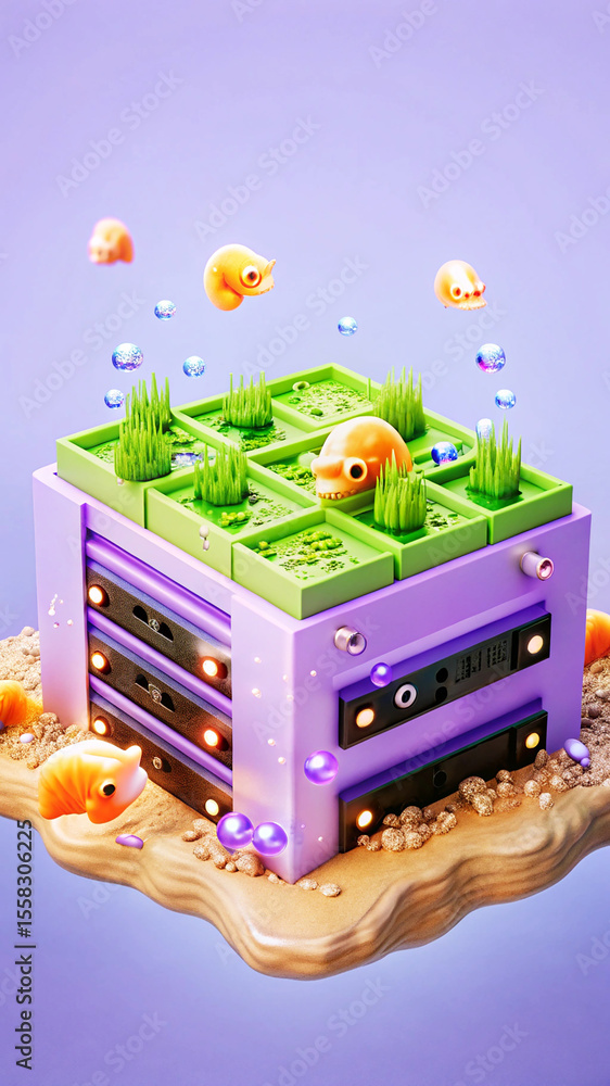 Obraz premium Underwater Server Room 3D Render of a whimsical server with fish and plants
