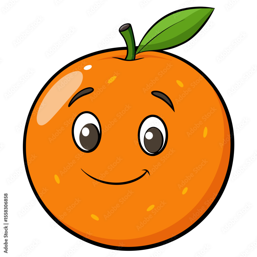 Obraz premium A cheerful, animated orange illustration featuring a happy face, green leaf, radiating healthy energy and fun. generative AI