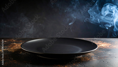 Empty space with a round empty plate with smoke effect against a dark  black background.