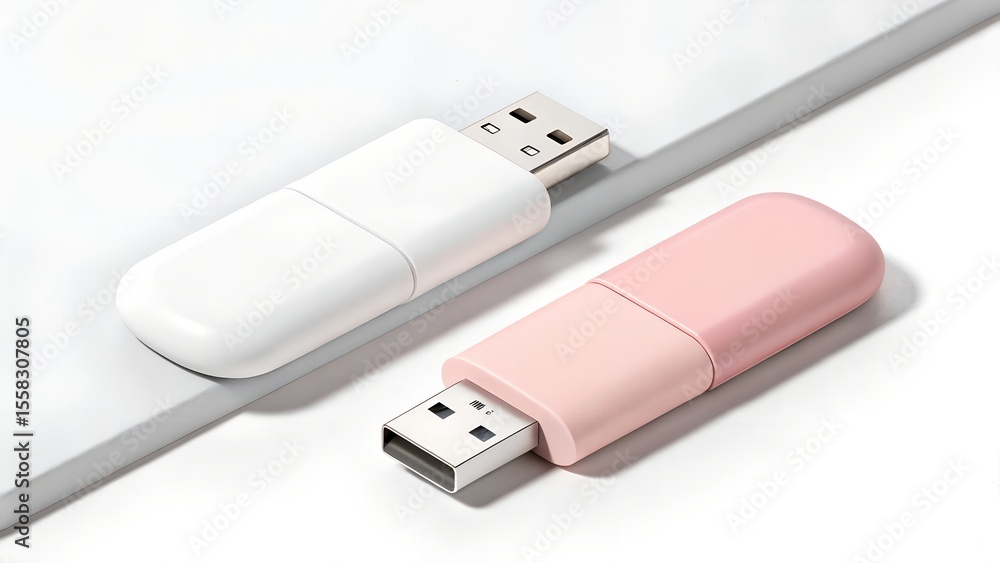 Fototapeta premium Two modern usb flash drives one white and one pastel pink lie on a clean white surface with a subtle grey diagonal line and shadow
