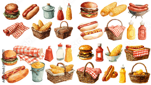 Watercolor picnic food set with burgers, hot dogs, corn, baskets, sauces, and condiments. Great for summer BBQ, outdoor menus, and food packaging.

