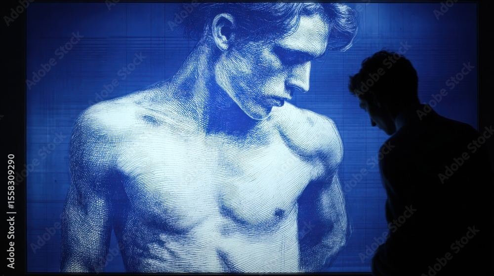 Obraz premium A man is shown in a blue and white image with a lot of detail. The image is of a man's body, and it is displayed on a screen. The image is very detailed and realistic