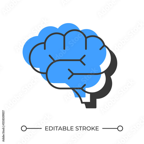Brain offset shadow line icon. Creativity thinking. Cognitive, psychology. Internal organ, anatomy. Bold outline symbol with solid blue fill. Modern flat illustration. Editable stroke