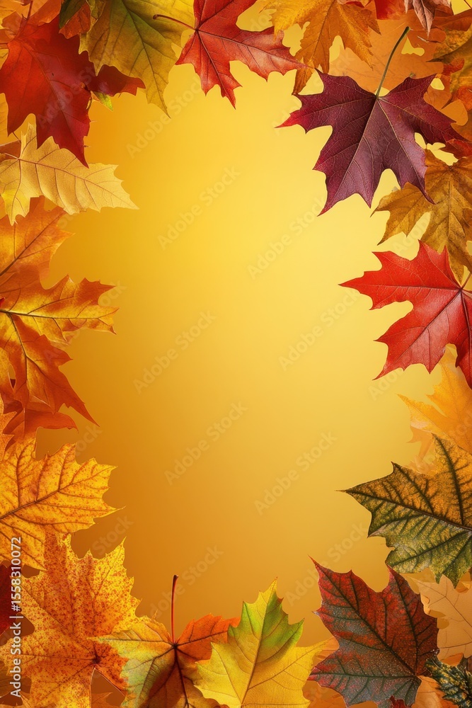Fototapeta premium Colorful autumn leaves frame on orange background with empty space in center for message, text or fall design