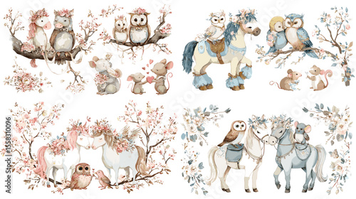 Cute watercolor illustrations of owls, mice, and horses in whimsical scenes. Perfect for nursery decor, children’s books, and forest animal designs.

