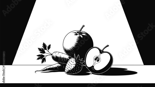 Monochrome still life of fruits and vegetables under bright lighting