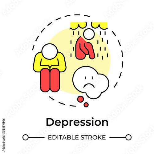 Depression multi color concept icon. Feeling overwhelmed. Five stages of grief. Organizational change management. Round shape line illustration. Abstract idea. Graphic design. Easy to use