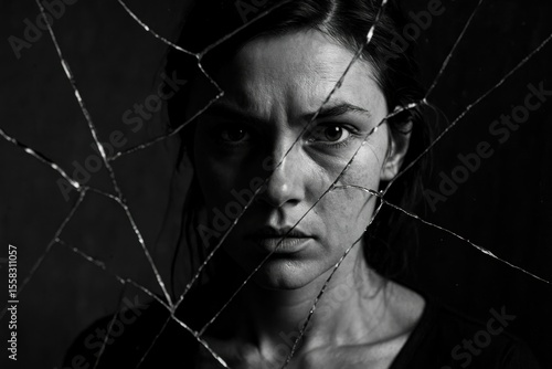 Broken mirror portrait, woman emotional mental health, artistic psychological concept