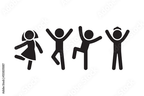 Four happy children dancing figures isolated on white background