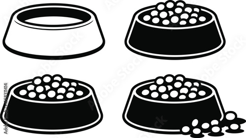 Four black and white pet bowls showing different levels of food inside