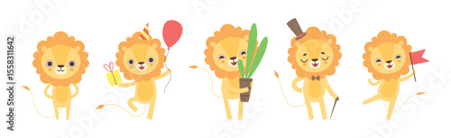 Cute Lion Character with Mane Engaged in Different Activity Vector Set