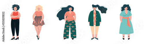 Happy Chubby Woman with Pretty Plus-size Body Vector Set
