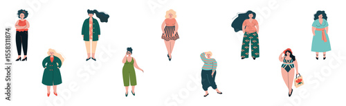 Happy Chubby Woman with Pretty Plus-size Body Vector Set