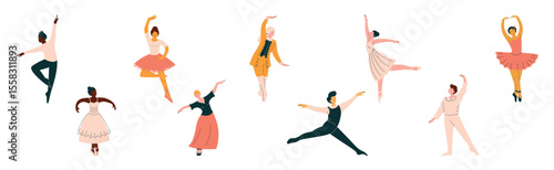 Man and Woman Ballerina Dancing and Performing on Stage Vector Set